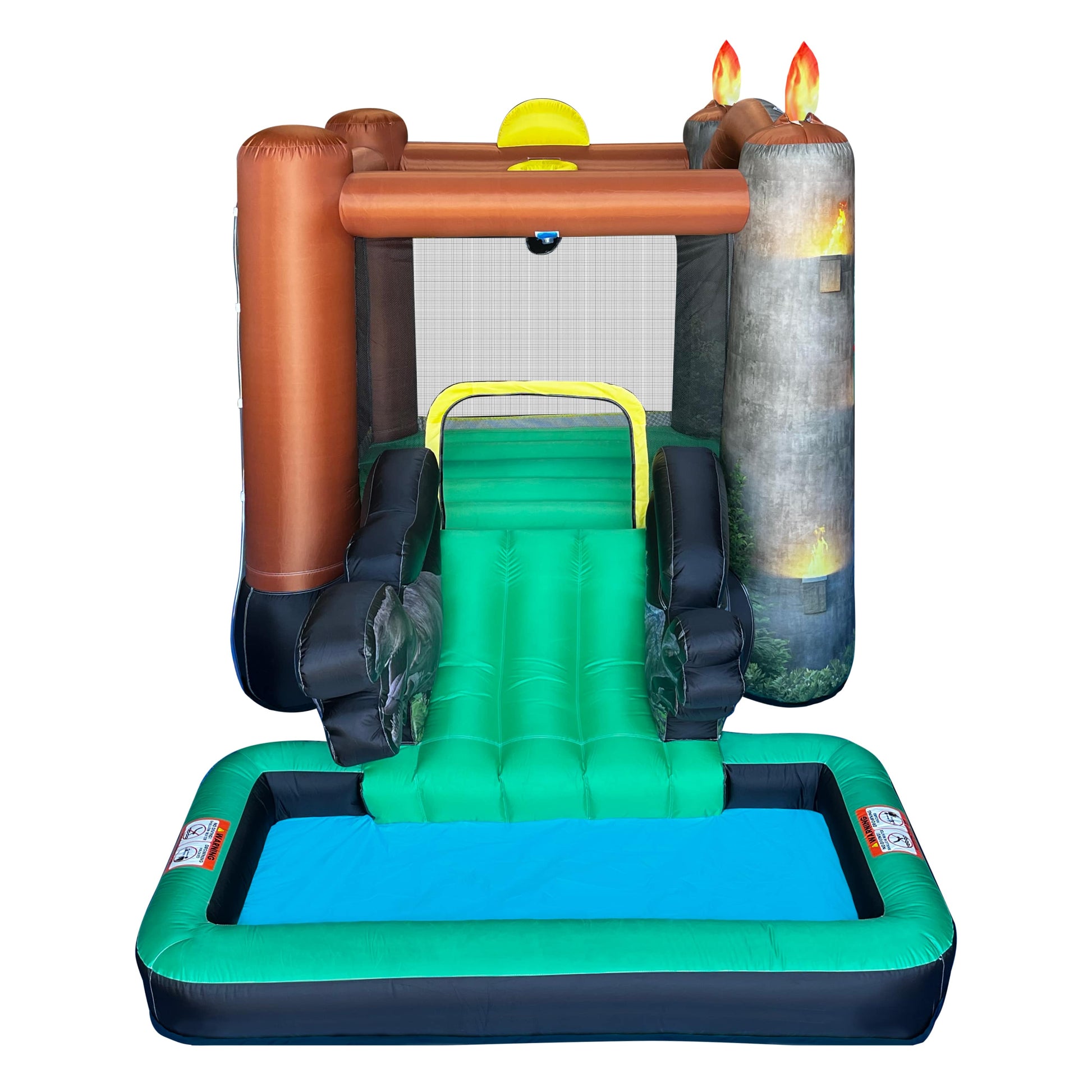 Slide View of Jurassic Bounce House with Pool