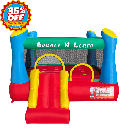 A colorful inflatable children's bounce house with a slide, labeled 'Bounce N Learn,' shown on a plain white background with a red '35% OFF' promotional badge in the top-left corner.