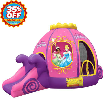 Disney Princess Cinderella Castle inflatable bounce house with a slide, featuring pink and purple colors with character graphics, set against a white background with a 35% off promotional badge in the top left corner.