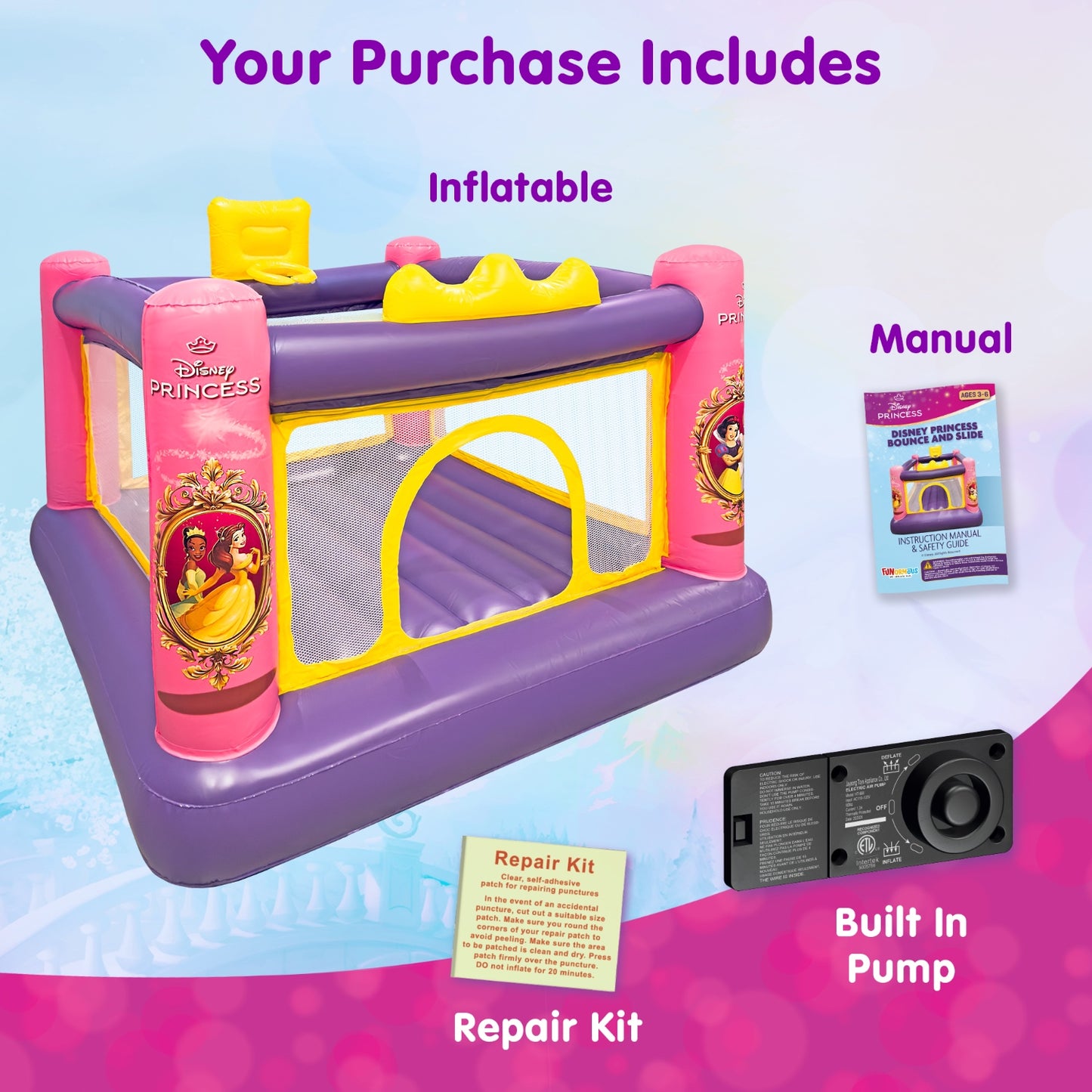 Disney Princess Inflatable Bounce House, including a manual, repair kit, and built-in pump on a colorful background.