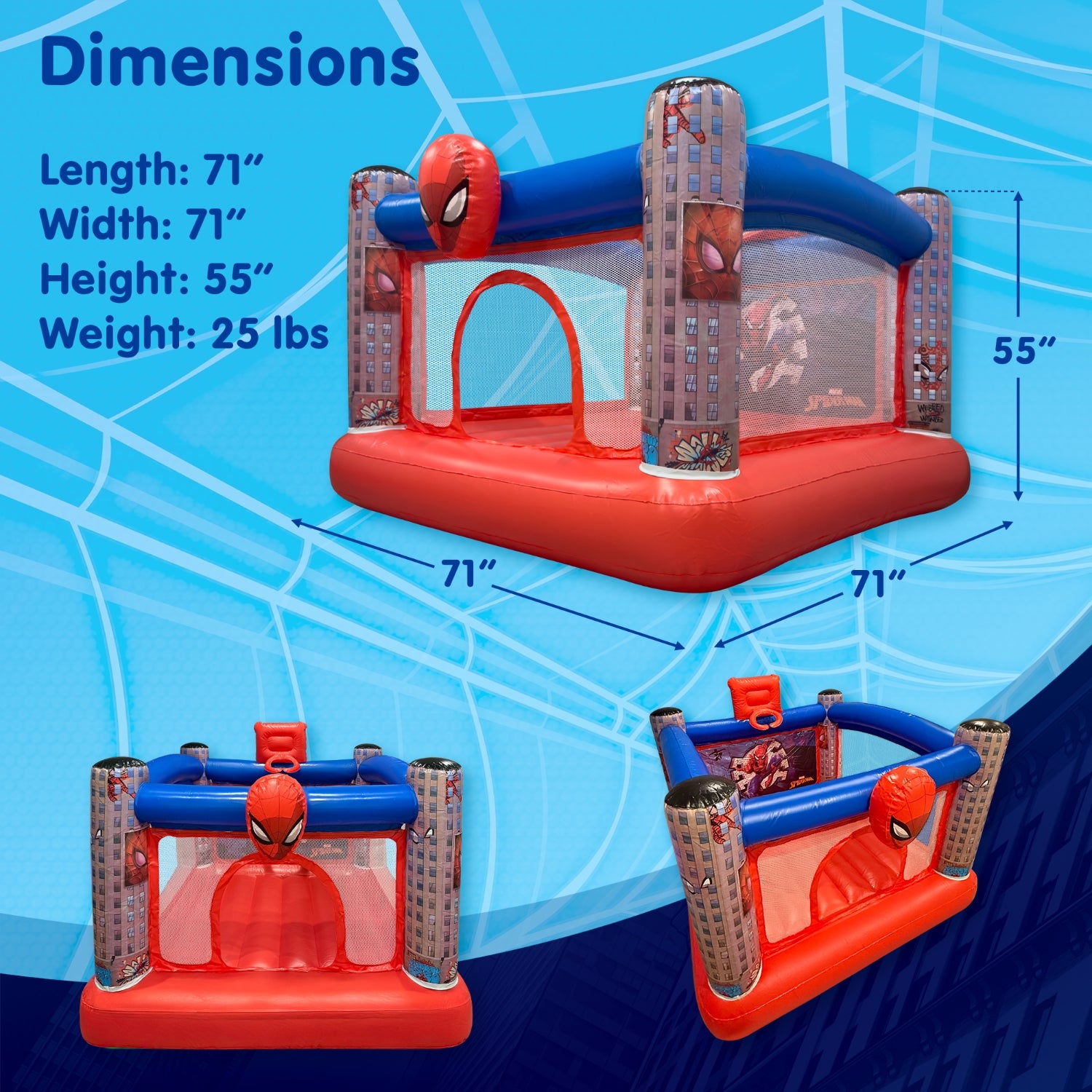 Inflatable Spider-Man bounce house with dimensions on a blue background