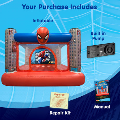 Spider-Man inflatable bounce house with pump, repair kit, and manual on a blue background
