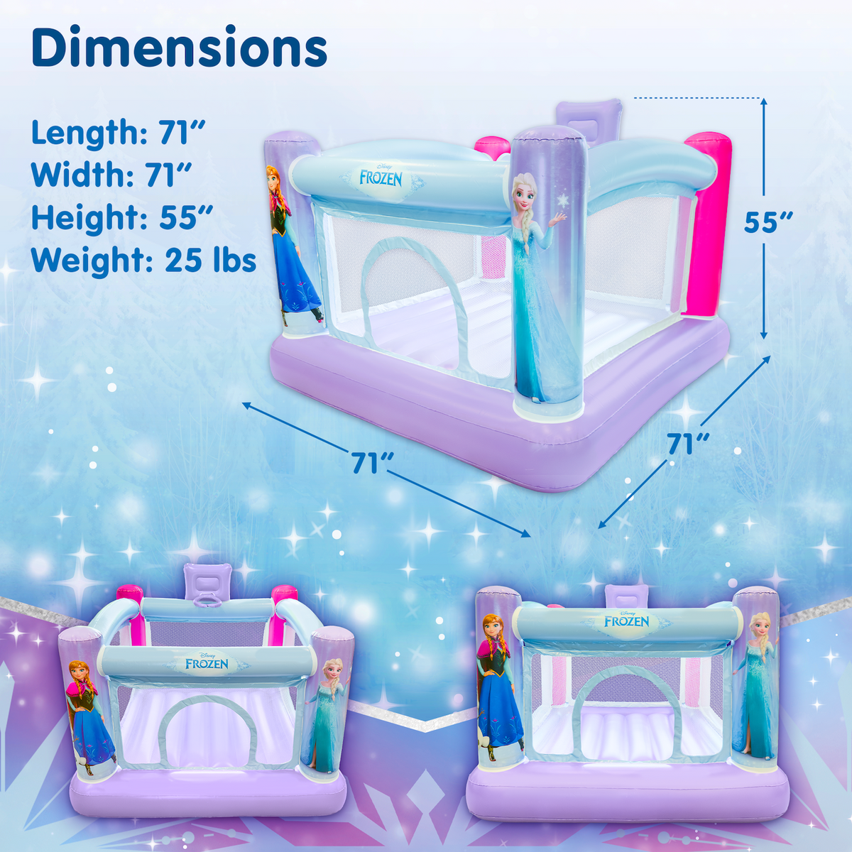 Frozen inflatable play structure with dimensions displayed