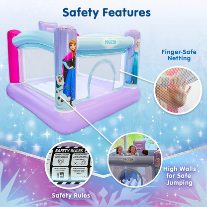 Inflatable play structure with safety features highlighted, including a close-up of finger-safe netting and safety rules.