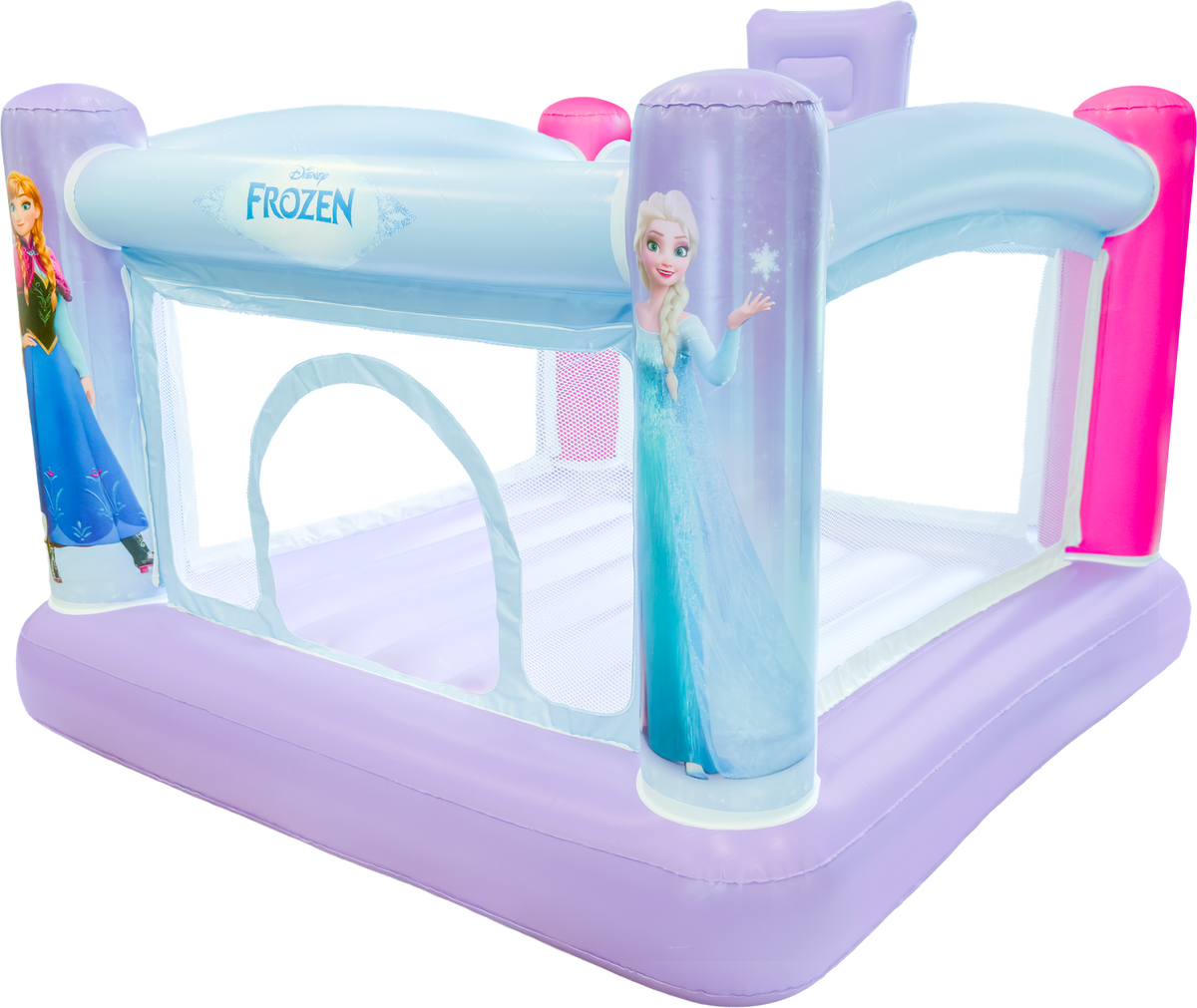 Inflatable play structure with Frozen theme featuring characters and colors.