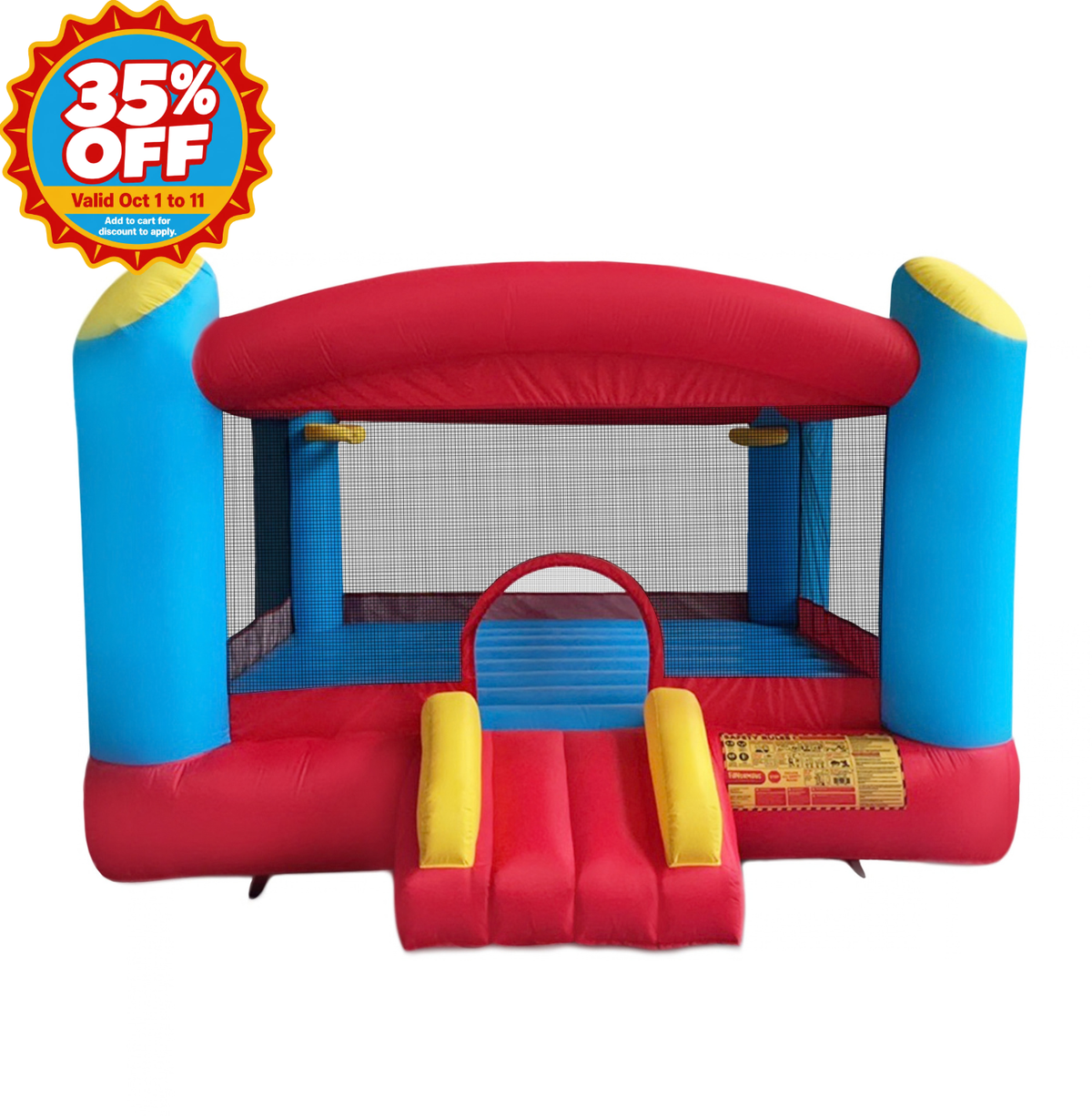A red and blue inflatable bounce house with yellow accents, featuring a slide at the front and a large orange, white, and blue '35% OFF' promotional badge in the top-left corner.