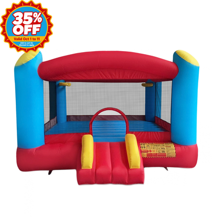 A red and blue inflatable bounce house with yellow accents, featuring a slide at the front and a large orange, white, and blue '35% OFF' promotional badge in the top-left corner.