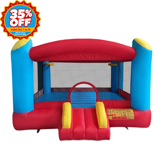 A red and blue inflatable bounce house with yellow accents, featuring a slide at the front and a large orange, white, and blue '35% OFF' promotional badge in the top-left corner.