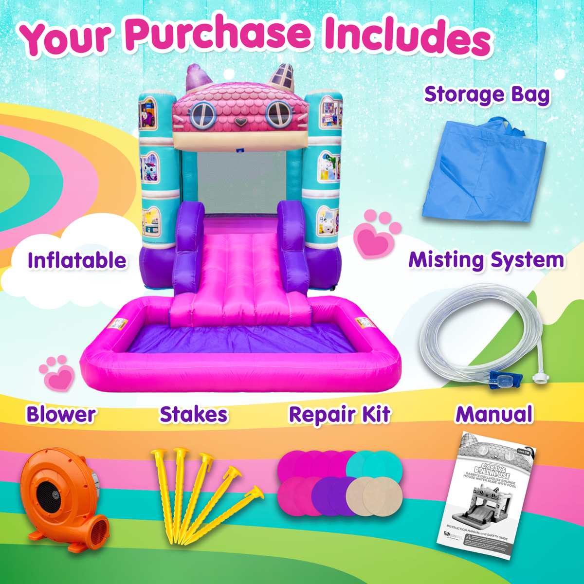 Gabby Dollhouse Bounce House Waterslide-Purchase Includes