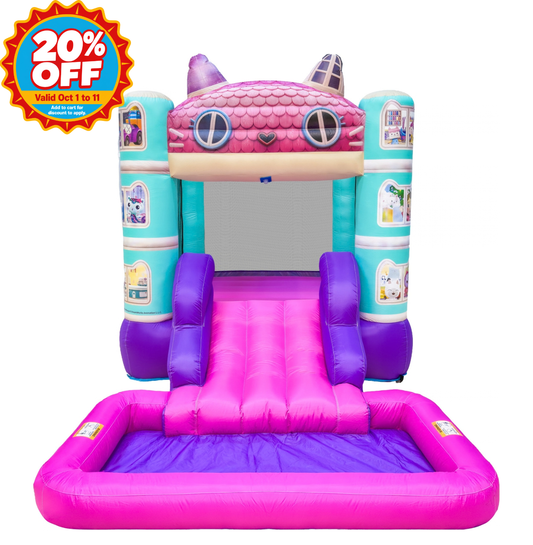 A pink and purple inflatable bouncy castle with a slide, shown on a plain white background with a red '20% OFF' promotional badge in the top-left corner.