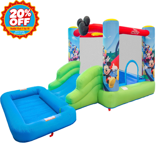 A Mickey Mouse-themed inflatable bounce house with a slide and pool, shown on a plain white background with a red '20% OFF' promotional badge in the top-left corner.