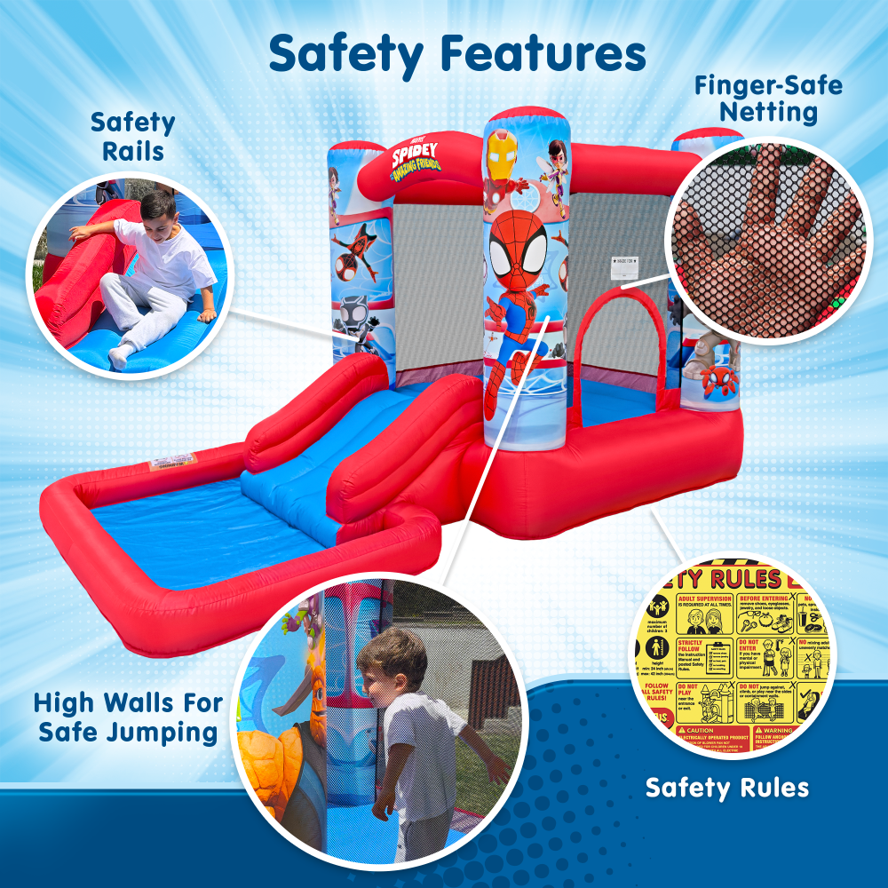 Spidey bounce house waterslide backyard