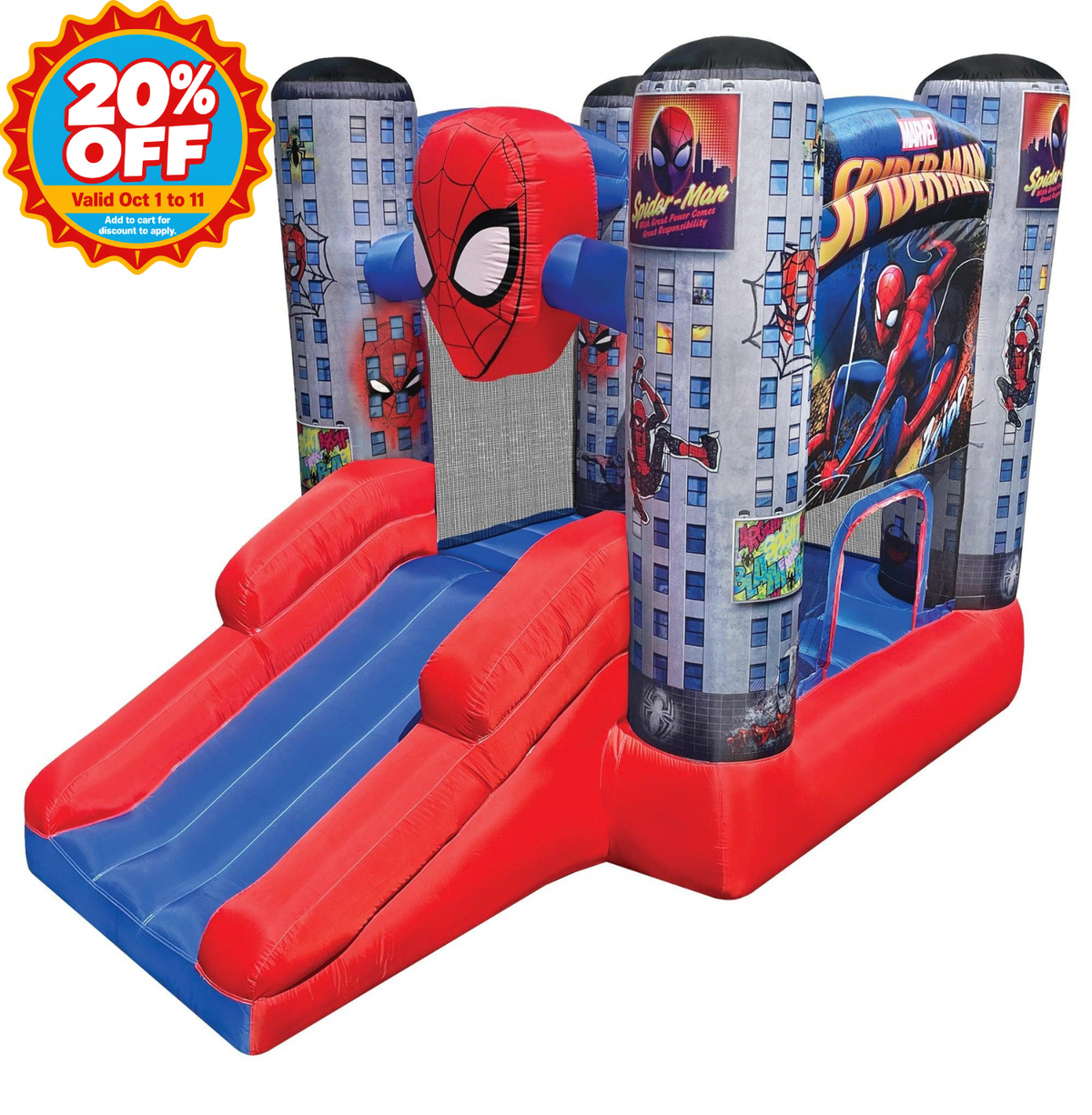 A Spider-Man themed inflatable bouncy castle with a double slide, featuring red and blue colors and printed Spider-Man graphics, with a red and yellow '20% OFF' promotional badge in the top-left corner.