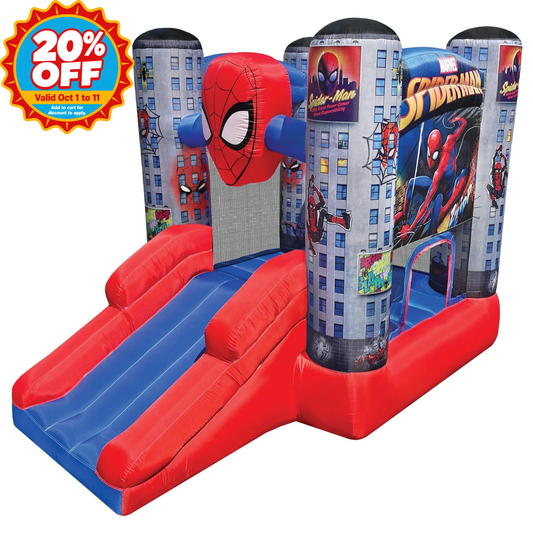 A Spider-Man themed inflatable bouncy castle with a double slide, featuring red and blue colors and printed Spider-Man graphics, with a red and yellow '20% OFF' promotional badge in the top-left corner.