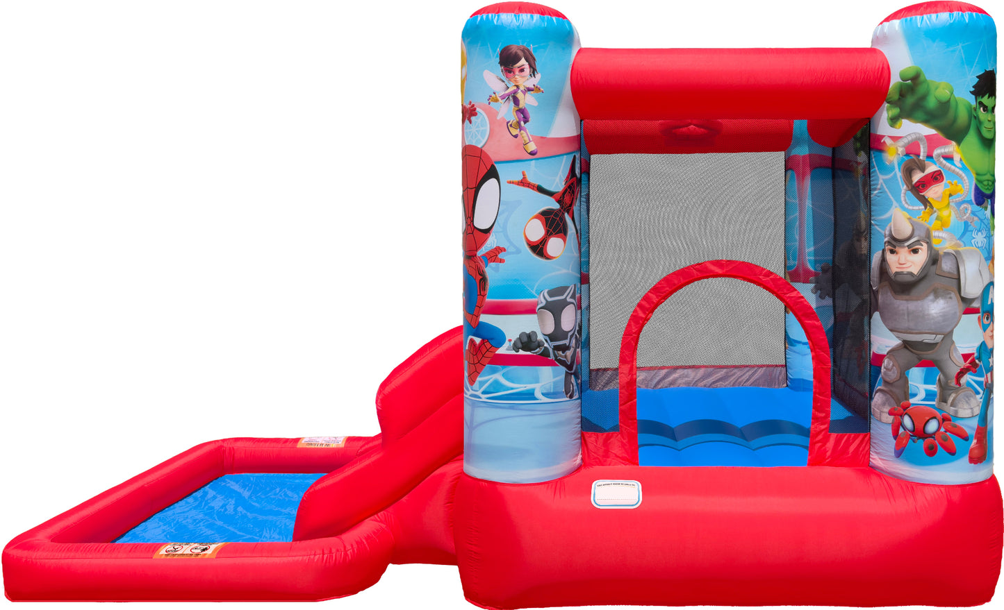 Children's inflatable bounce house with cartoon characters on a white background