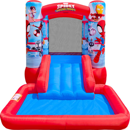 Children's inflatable playhouse with Spider-Man design on a white background