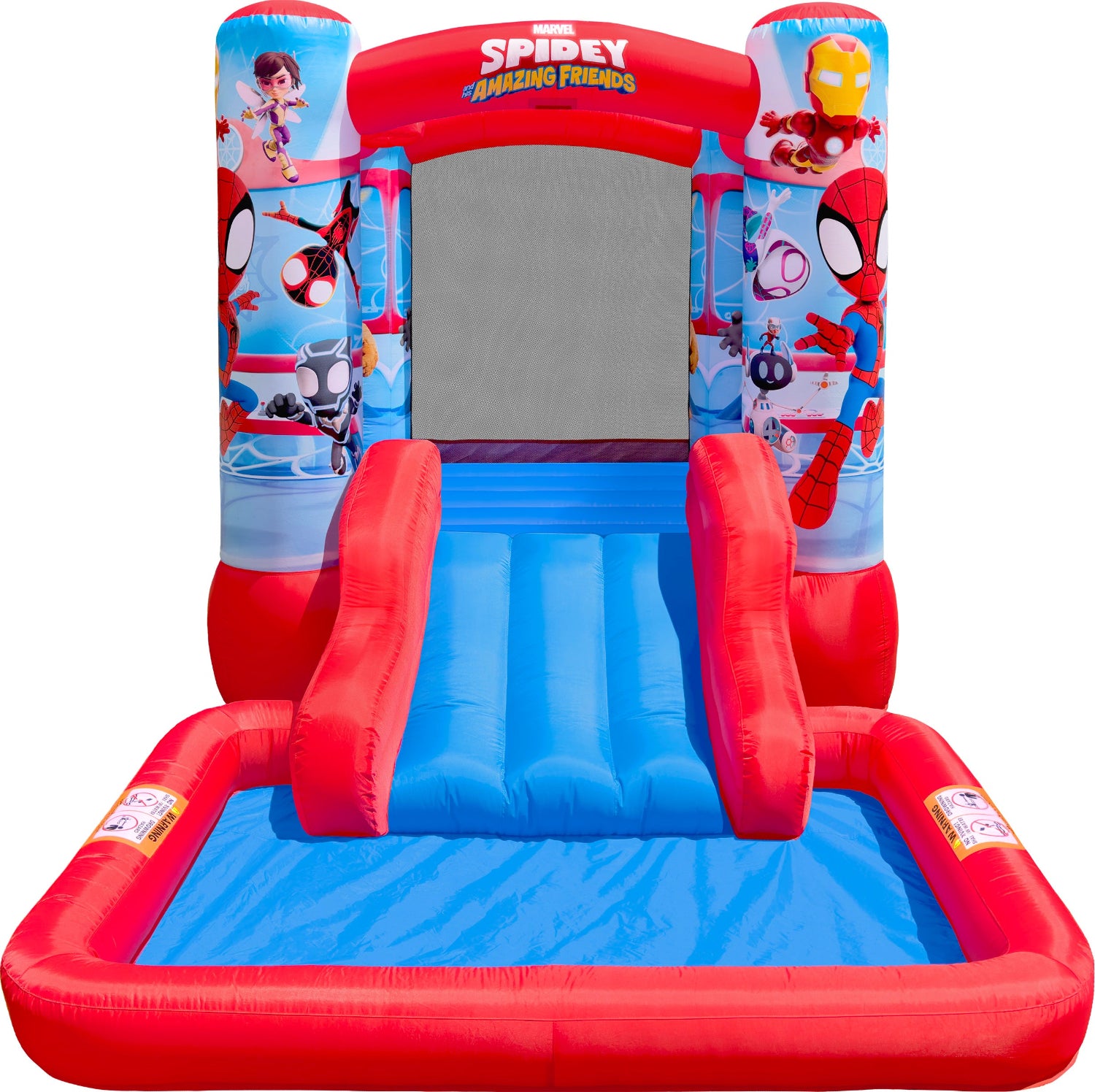 Inflatable Spider-Man themed children's play structure with slide and jumping area on a white background.