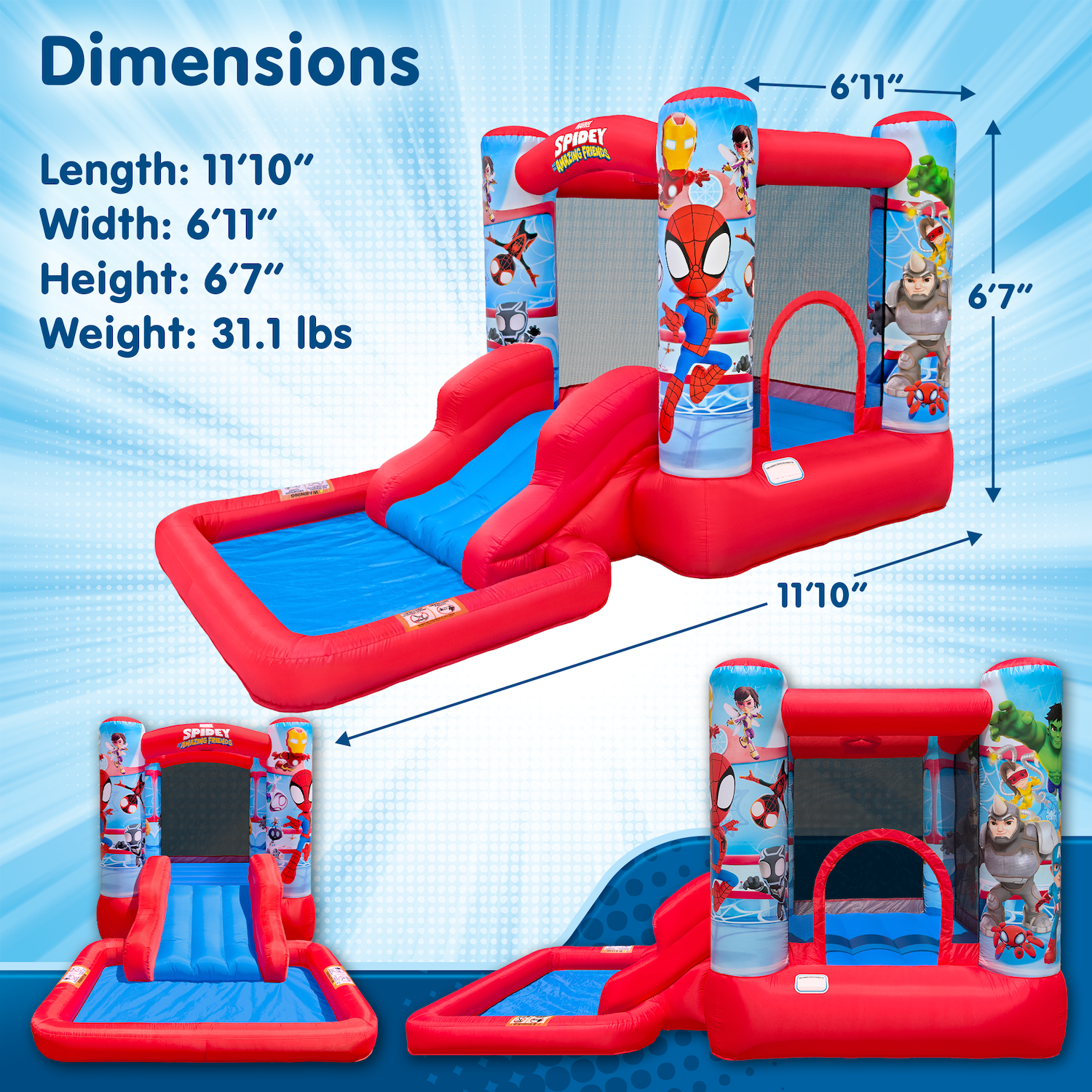 Inflatable Spider-Man playground with dimensions on a blue background