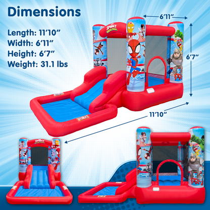 Inflatable Spider-Man playground with dimensions on a blue background