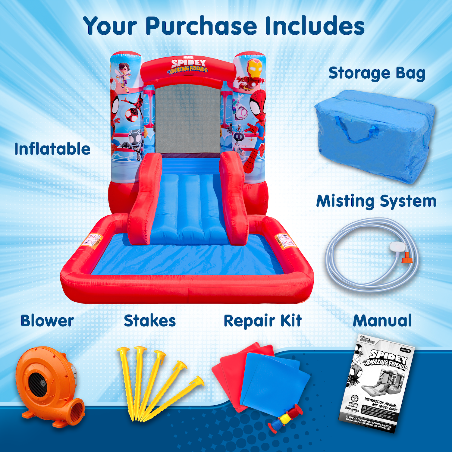 Spider-Man inflatable bounce house with included accessories on a blue background