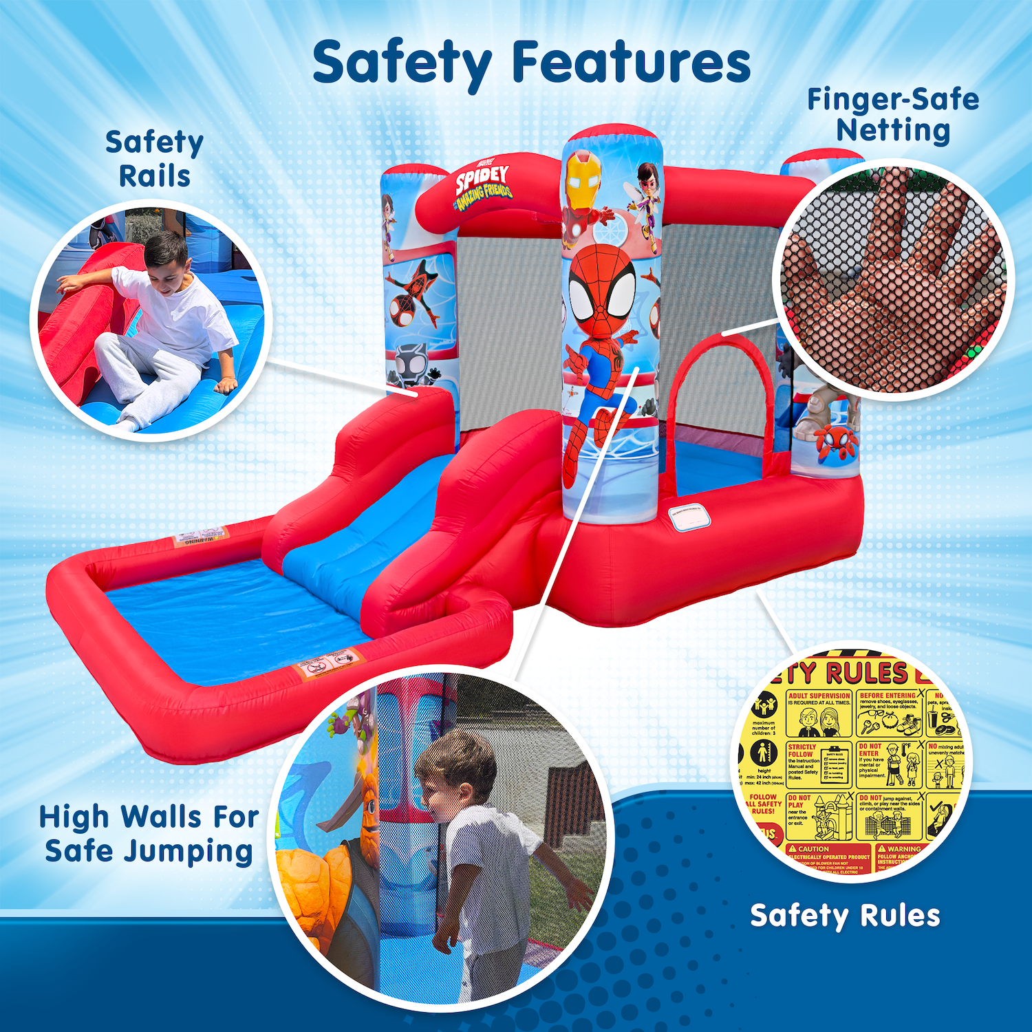 Children's inflatable play set with safety features highlighted on a blue background