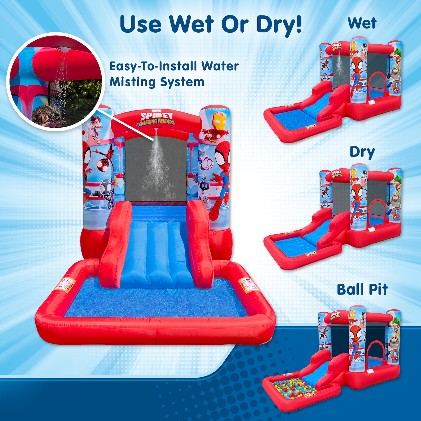 Inflatable Spider-Man water park with various features on a blue background