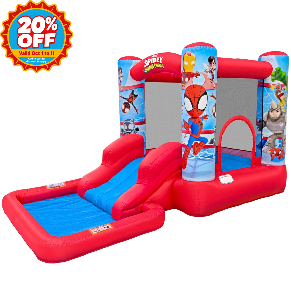 A red and blue inflatable children's bouncy castle with Spider-Man themed graphics, featuring a slide, climbing walls, and a pool, shown on a white background with a 20% off promotional badge in the top-left corner.