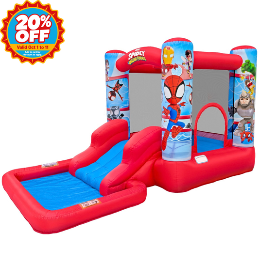 A red and blue inflatable children's bouncy castle with Spider-Man themed graphics, featuring a slide, climbing walls, and a pool, shown on a white background with a 20% off promotional badge in the top-left corner.