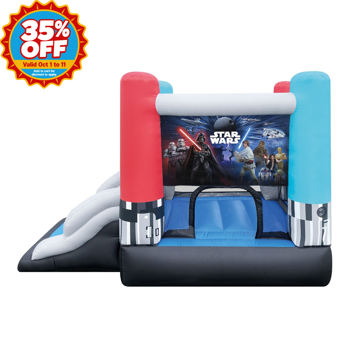 Star Wars themed inflatable bounce house with a slide, featuring red and light blue pillars, a black and white striped base, and a Star Wars graphic on the front door, shown on a white background with a 35% off sale badge in the top left corner.