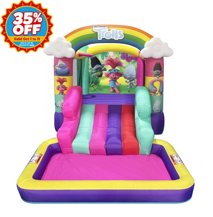 A colorful Trolls-themed inflatable bounce house with a slide and pool, shown on a white background with a red '35% OFF' promotional badge in the top-left corner.