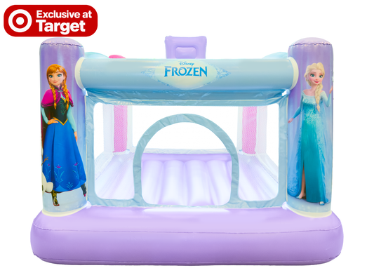 Disney Frozen inflatable bounce house in light blue and lavender, featuring character prints of Anna and Elsa, with a Target Exclusive badge in the top-left corner.