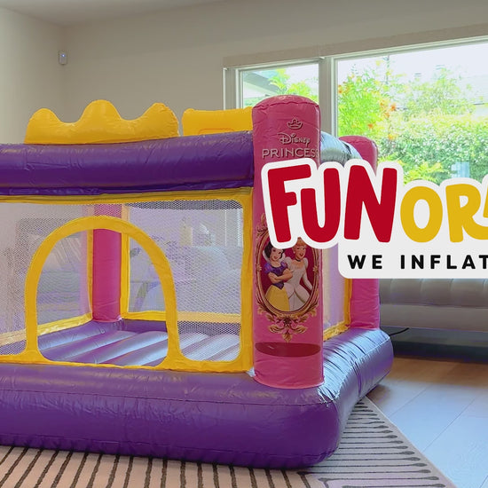 Disney Princess Air Tight Bounce House video showing quick setup with built-in air pump, kids jumping and playing, and easy deflation.