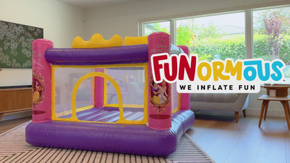 Disney Princess Air Tight Bounce House video showing quick setup with built-in air pump, kids jumping and playing, and easy deflation.