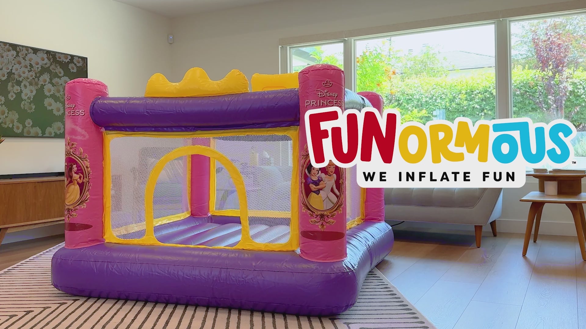 Disney Princess Air Tight Bounce House video showing quick setup with built-in air pump, kids jumping and playing, and easy deflation.